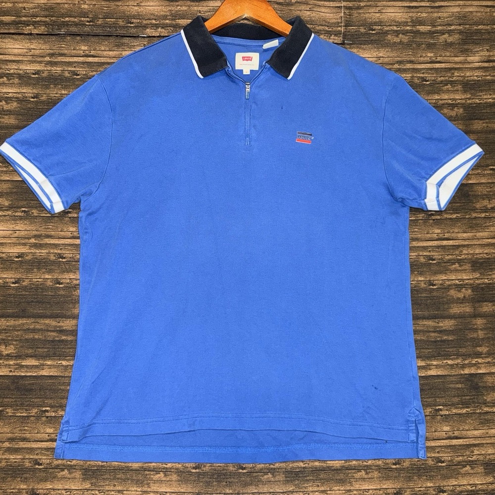 Levi's Quarter Zip Polo Shirt Kids Large Blue Retro Logo Short Sleeve